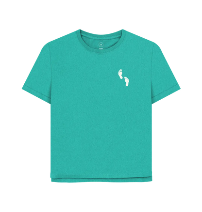 Seagrass Green Printed T-shirt Front Organic cotton women’s adventure t-shirt with footprints graphic
