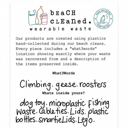 Beach Cleaned product description card that details where the plastic was collected and what beach cleaned plastics have been used to make the jewellery