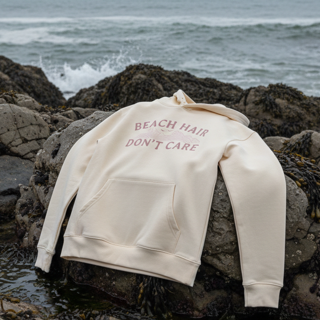 Beach Hair Don't Care Relaxed Fit Hoodie Oat Printed Hoody Front