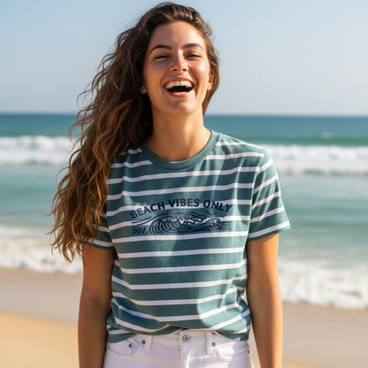 Blue and white striped t-shirt with 'Beach Vibes Only' text and wave graphic on a white background