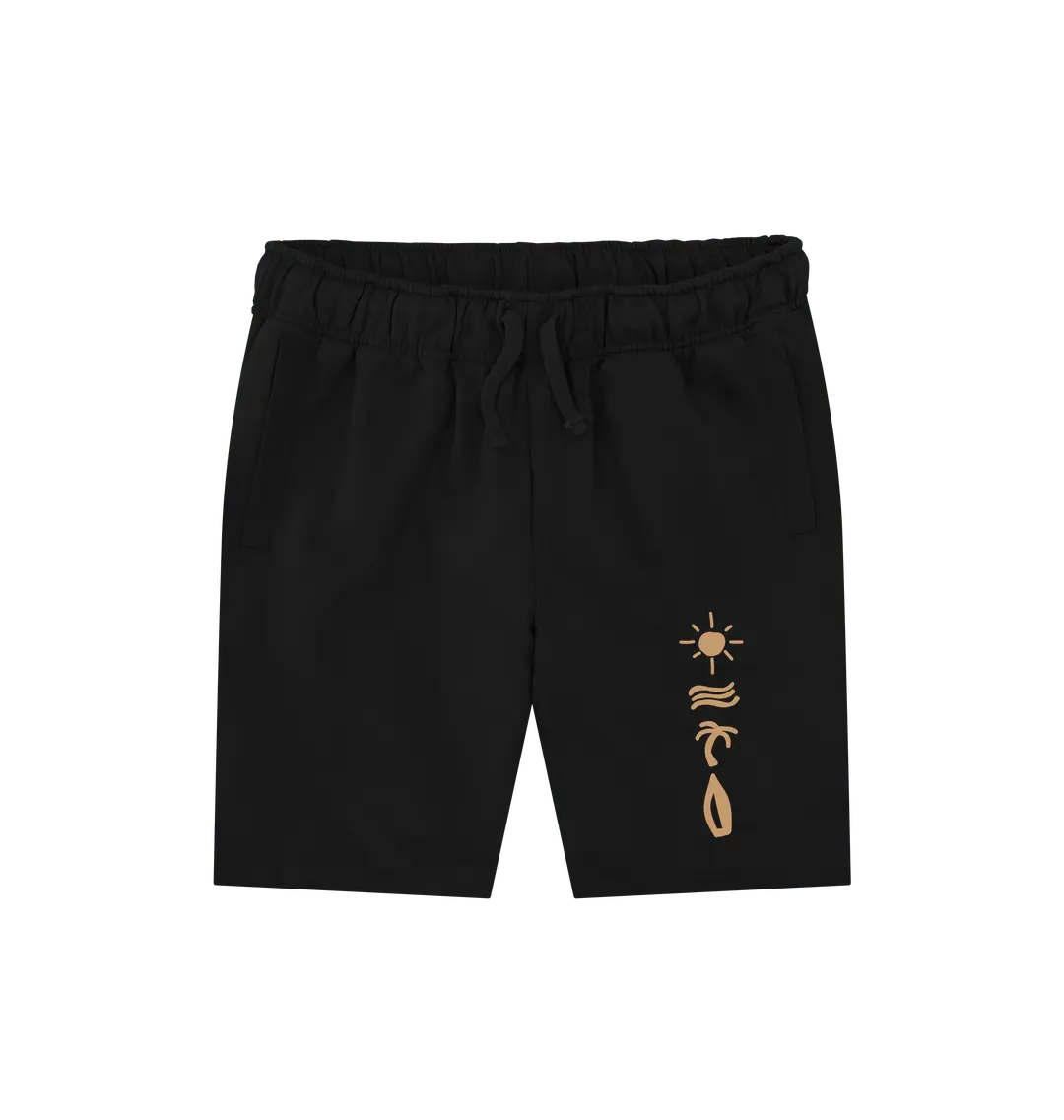Black Printed Mens Shorts Front Eco-friendly men’s surf shorts with tropical beach graphic