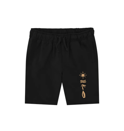Black Printed Mens Shorts Front Eco-friendly men’s surf shorts with tropical beach graphic