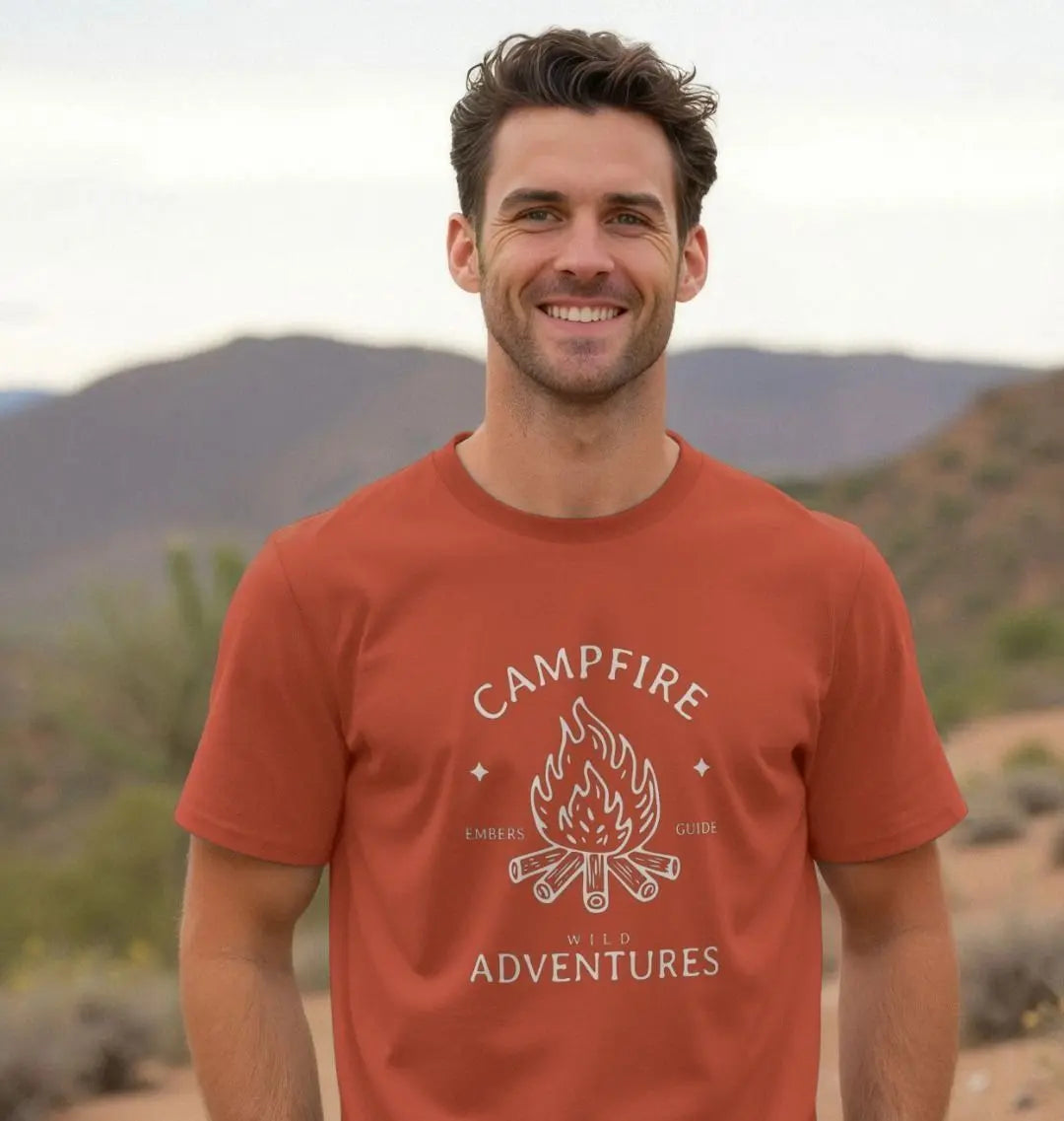 Red Campfire Adventure Sustainable camping shirt for men featuring campfire design