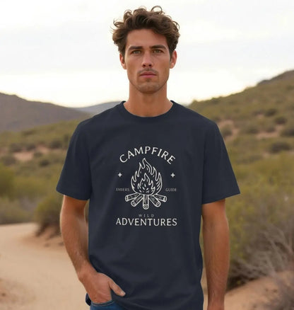 Navy Blue Campfire Adventures Outdoor lifestyle men’s t-shirt with campfire artwork on front