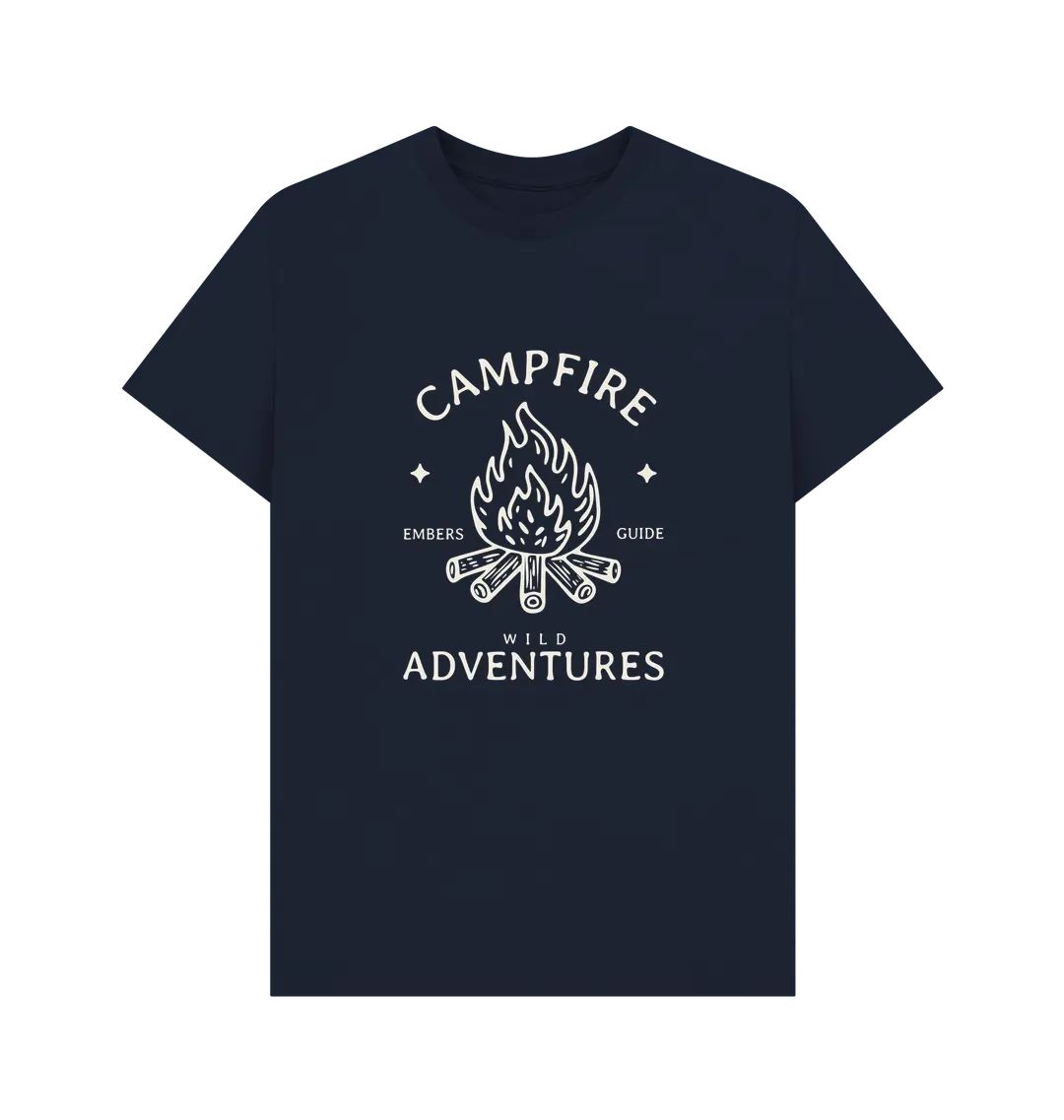 Navy Blue Printed T-shirt Front Sustainable camping shirt for men featuring campfire design