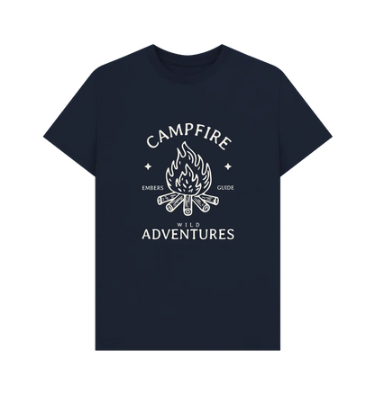 Navy Blue Printed T-shirt Front Sustainable camping shirt for men featuring campfire design