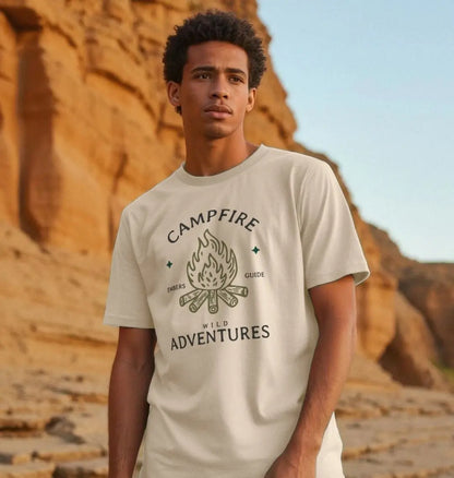 Oat Campfire Adventures men’s camping t-shirt with campfire front motif