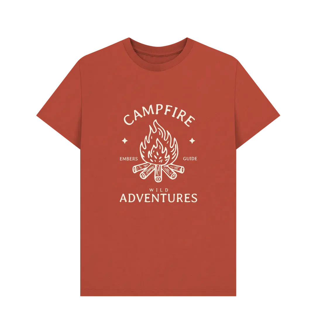 Rust Printed T-shirt Front Adventure graphic tee for men with campfire motif
