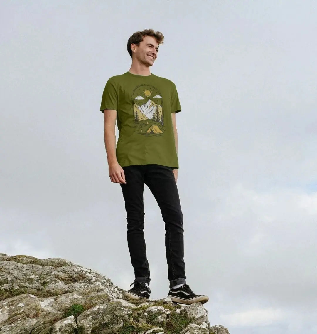 Eco-friendly adventure t-shirt for men with sun, trees, and mountain design