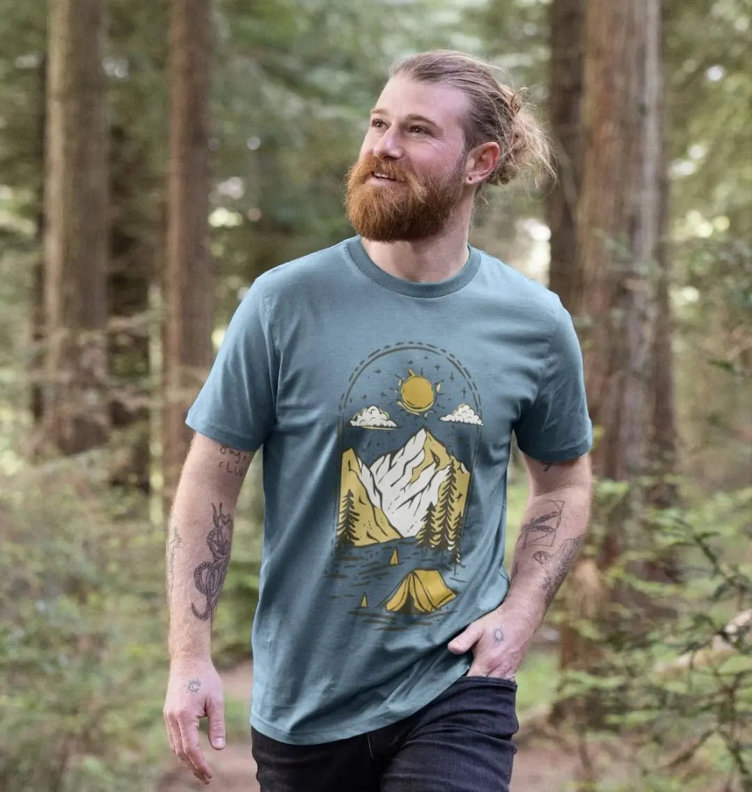 Organic cotton men’s camping t-shirt with outdoor scene graphic