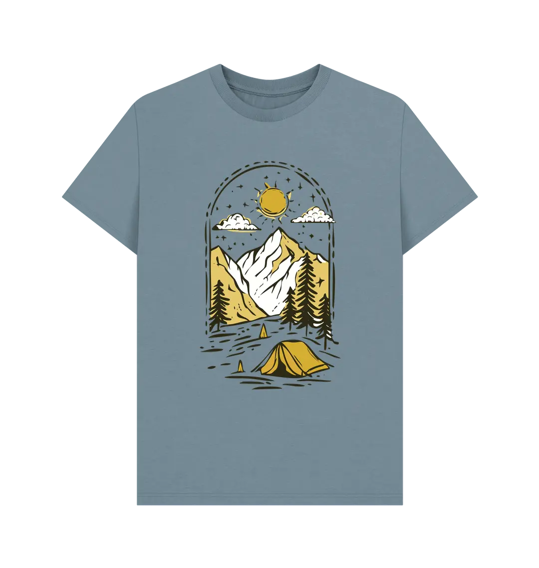 Organic cotton men’s camping t-shirt with outdoor scene graphic