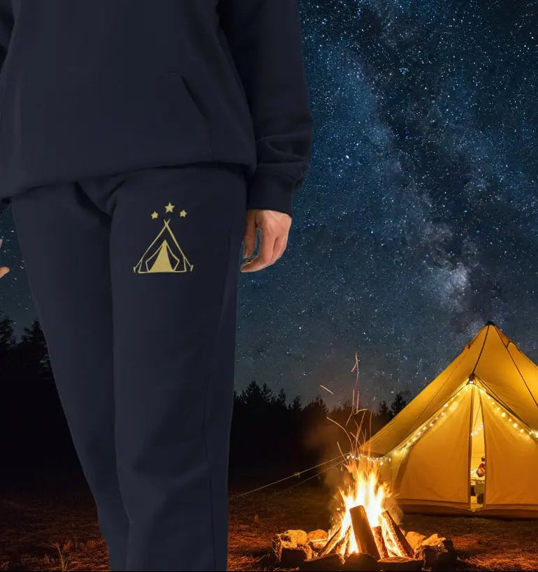 Woman wearing Camping Under The Stars Jogging Bottoms organic cotton fleece-lined joggers for wild camping and hiking