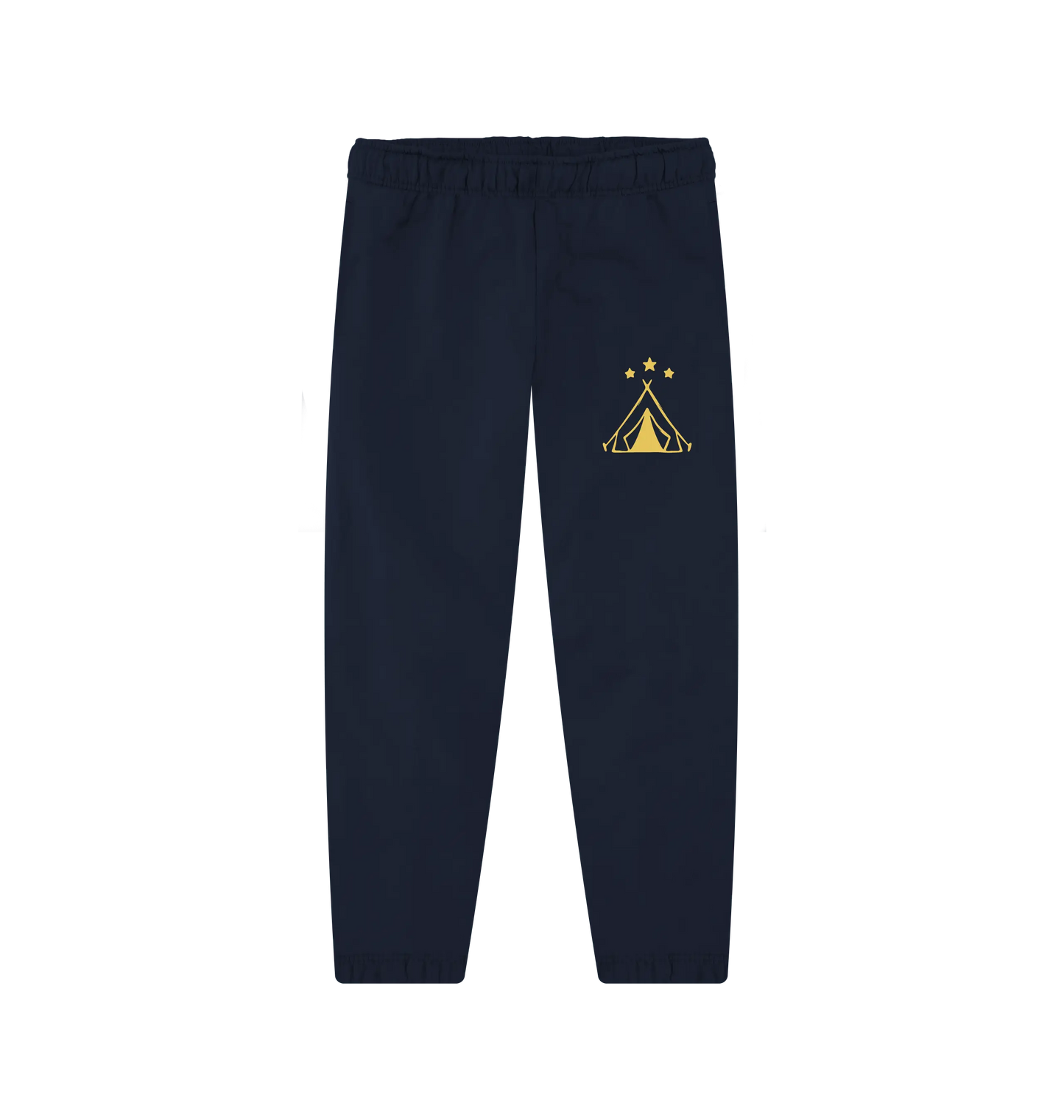 Women’s organic cotton joggers ideal for wild camping, stargazing, and hiking with tent and stars design