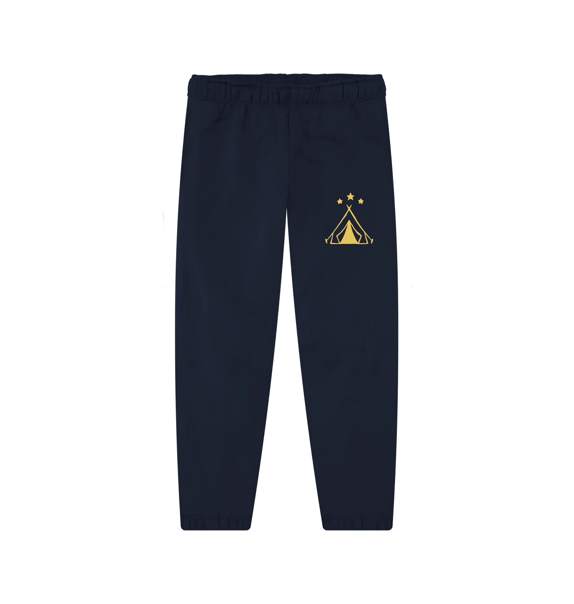 Women’s organic cotton joggers ideal for wild camping, stargazing, and hiking with tent and stars design