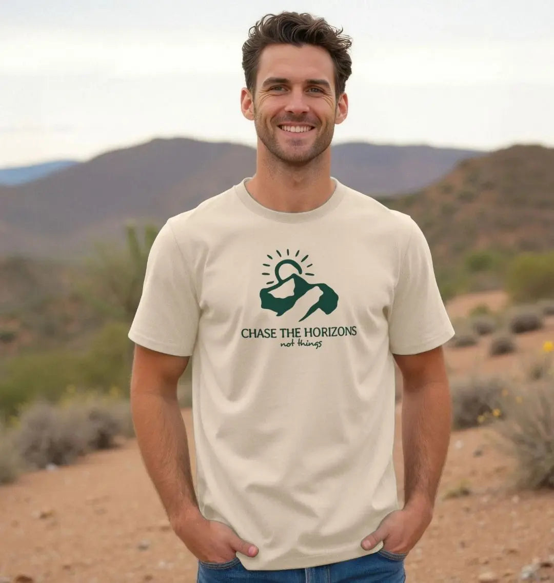 Chase Horizons men’s adventure t-shirt with horizon sunrise design