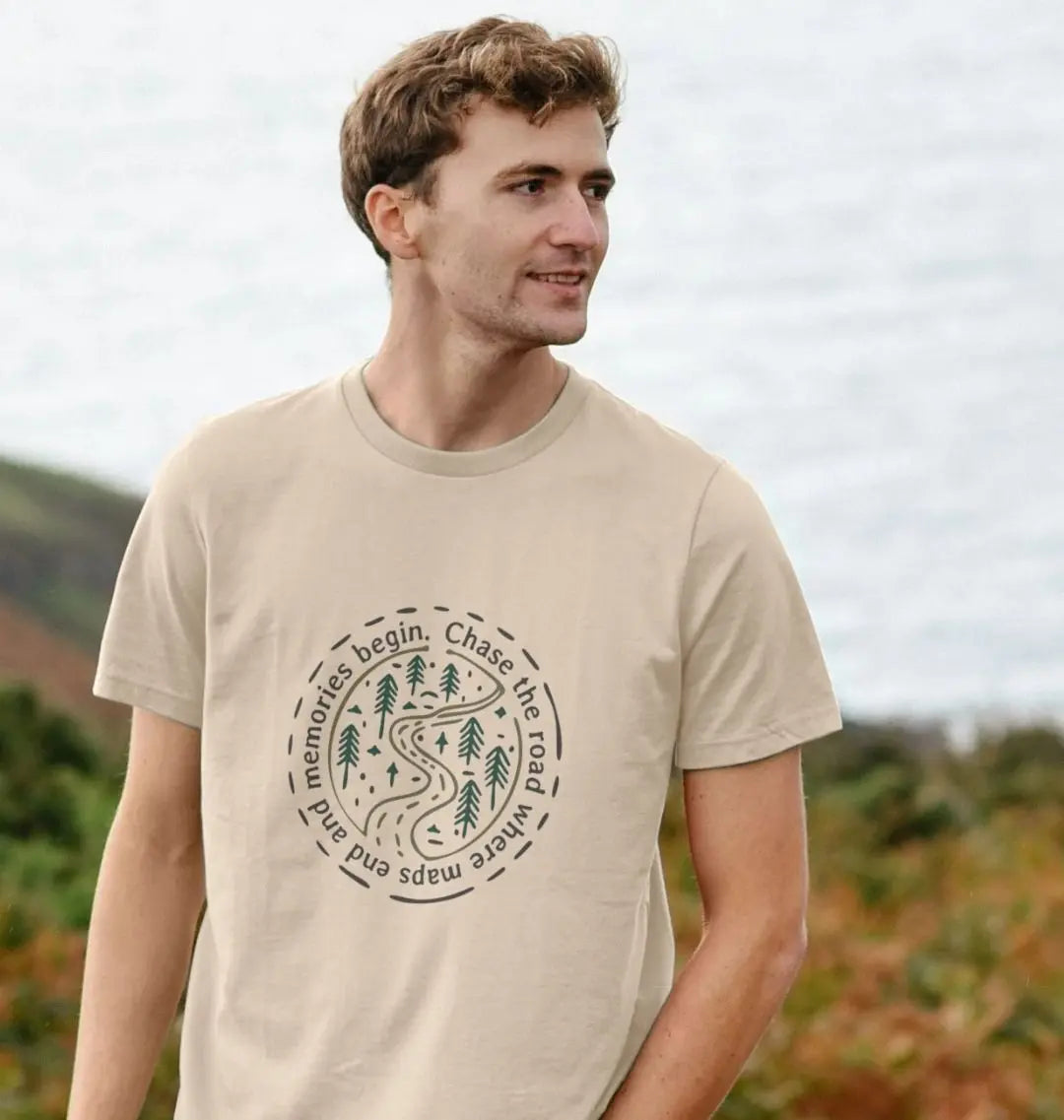 Beige Van Life T-shirt Chase The Road men’s adventure t-shirt with wilderness road front motif