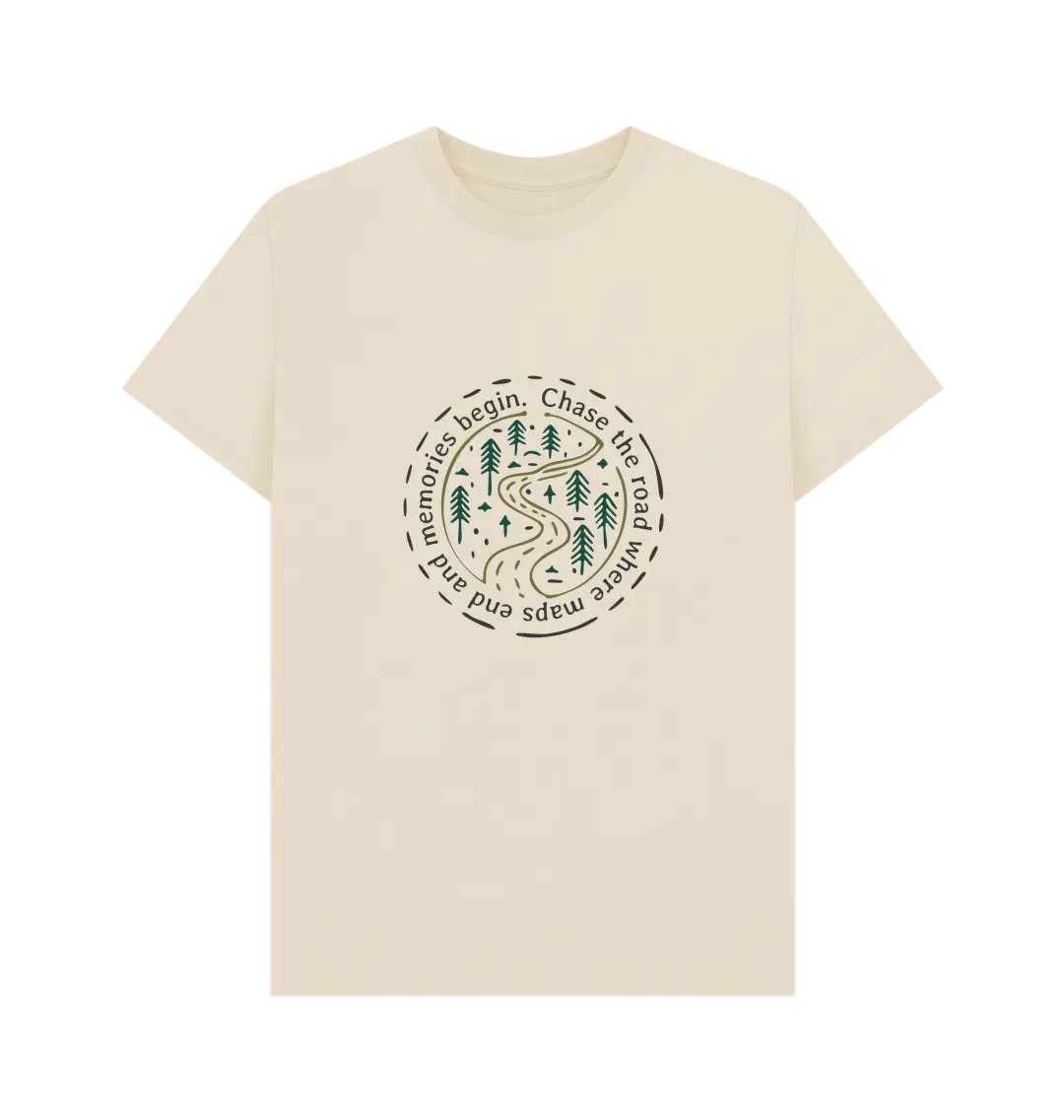 Oat Printed T-shirt Front Sustainable travel and adventure t-shirt featuring road trip design