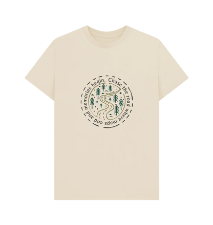 Oat Printed T-shirt Front Sustainable travel and adventure t-shirt featuring road trip design