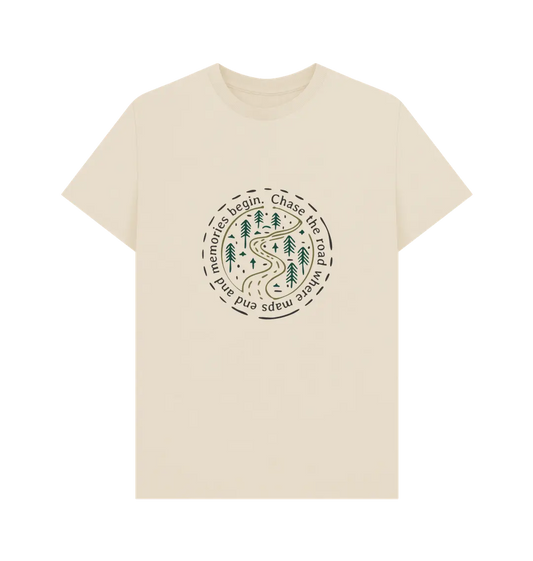 Oat Printed T-shirt Front Sustainable travel and adventure t-shirt featuring road trip design