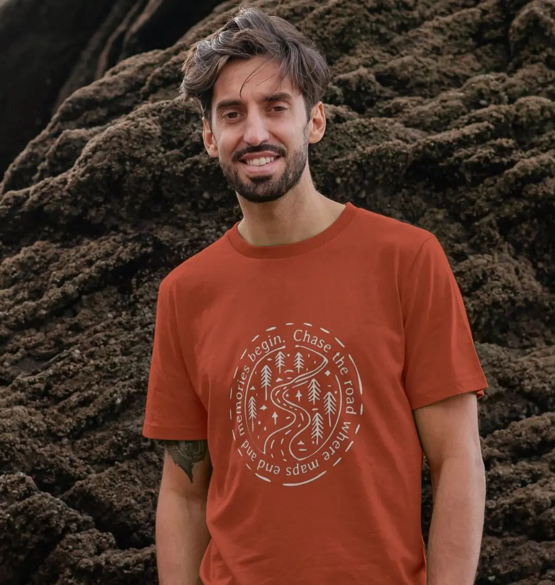 Red Adventure T-shirt Chase The Road men’s adventure t-shirt with wilderness road front motif