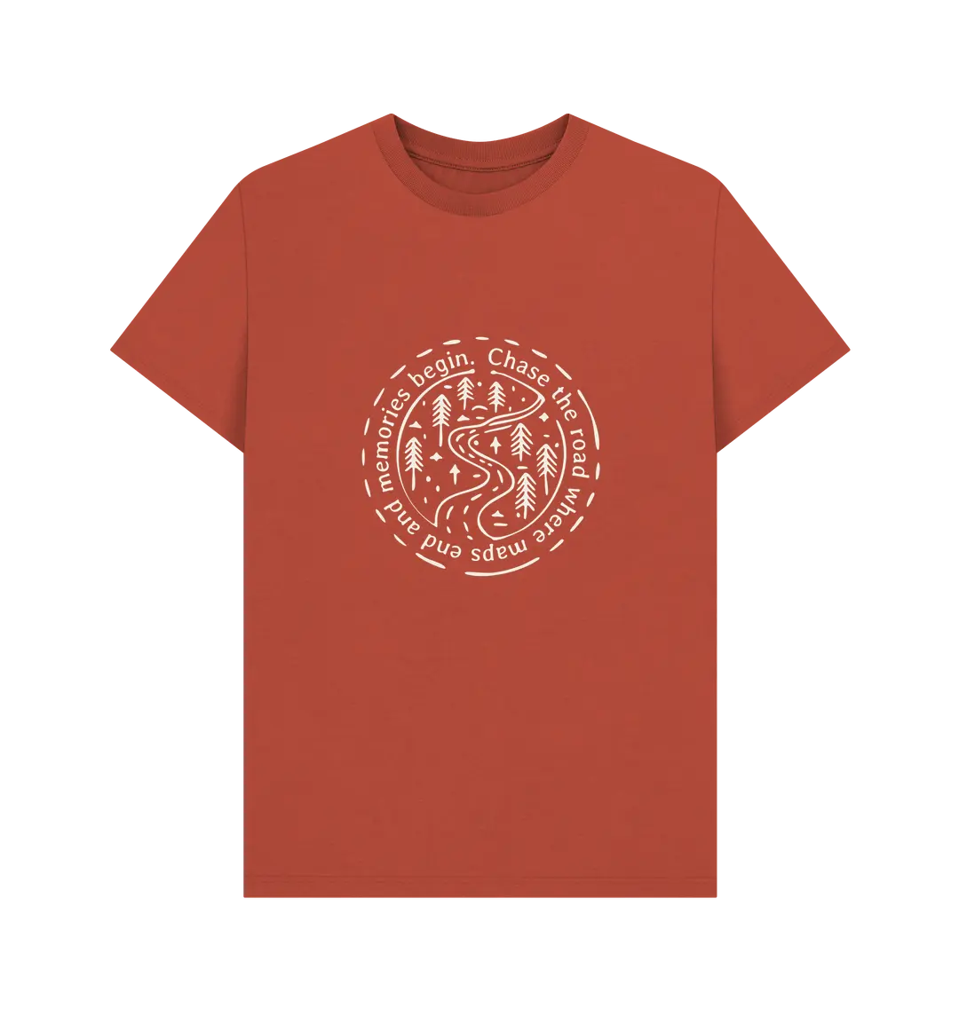 Red Printed T-shirt Front Sustainable travel and adventure t-shirt featuring road trip design