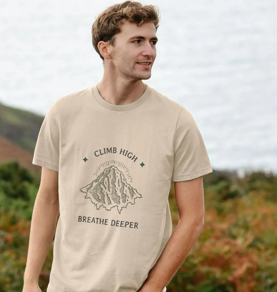 Oat Climb High men’s adventure t-shirt with mountain front motif