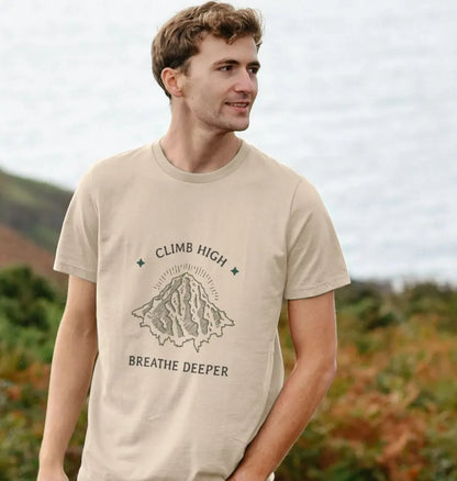 Oat Climb High men’s adventure t-shirt with mountain front motif