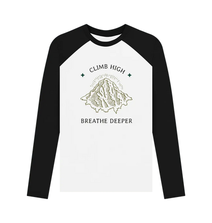 Black-White Printed Baseball T-shirt Front Outdoor lifestyle men’s long sleeve baseball top with climb high mountain design