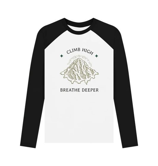 Black-White Printed Baseball T-shirt Front Outdoor lifestyle men’s long sleeve baseball top with climb high mountain design