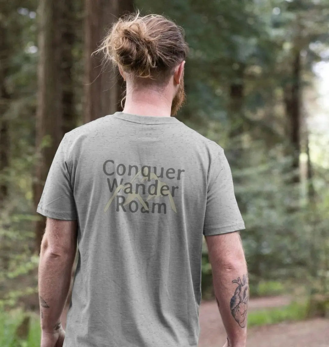Conquer Wander Roam men’s adventure t-shirt with mountain back motif