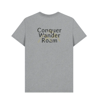Conquer Wander Roam men’s adventure t-shirt with mountain back motif