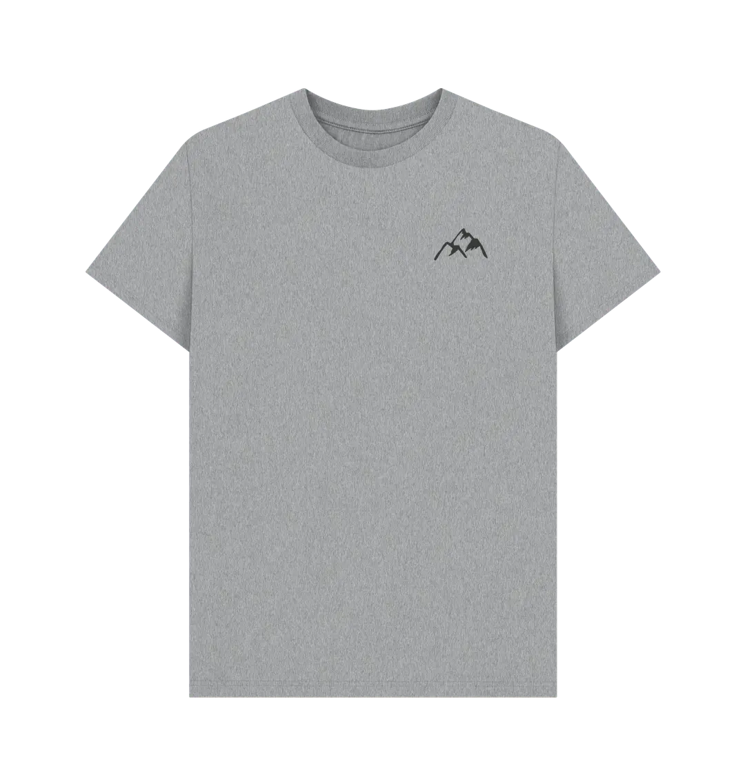 Outdoor men’s graphic tee with conquer wander roam mountain motif