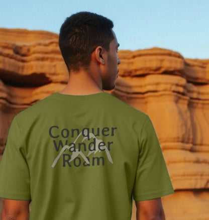 Eco-friendly men’s outdoor graphic tee featuring mountain artwork