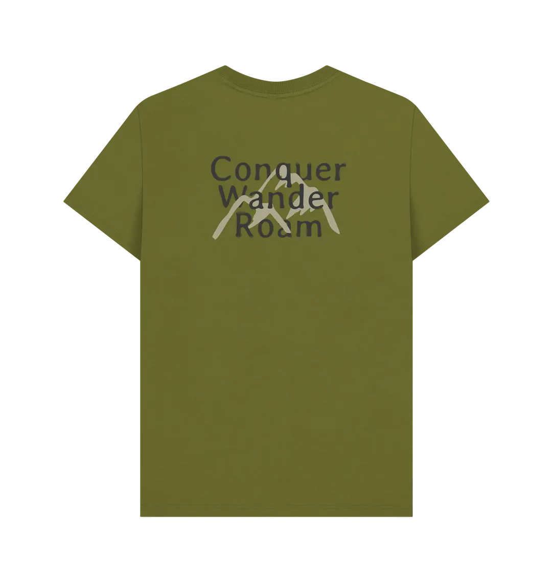 Outdoor men’s graphic tee with conquer wander roam mountain motif