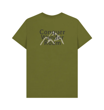 Outdoor men’s graphic tee with conquer wander roam mountain motif