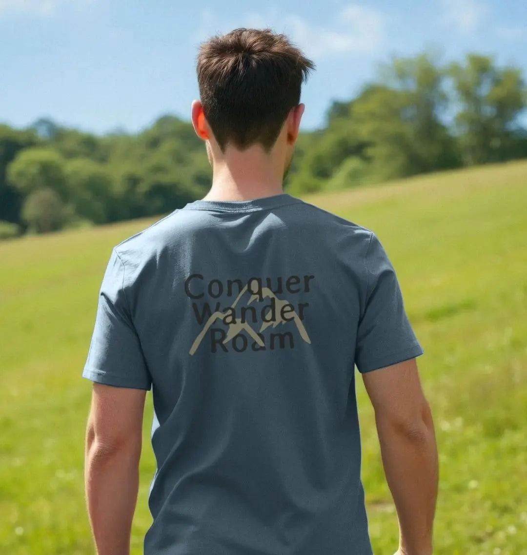 Organic cotton men’s hiking shirt with bold mountain design