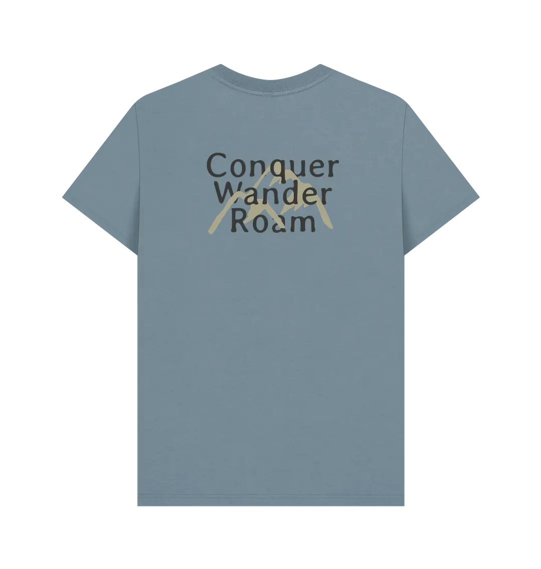 Sustainable adventure t-shirt for men with mountain landscape back graphic