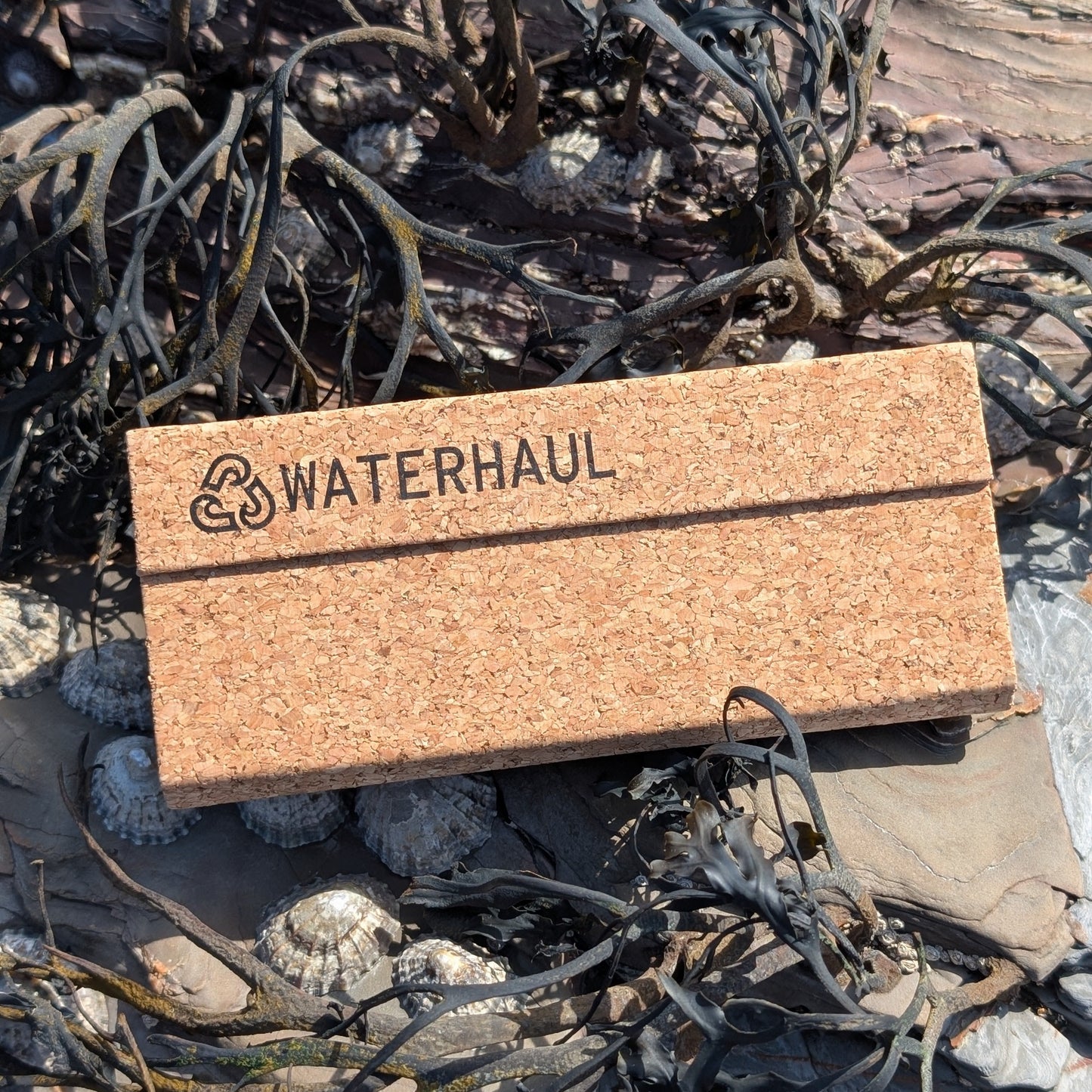 Eco-friendly sunglasses case made out of cork sitting on a rock on a beach.