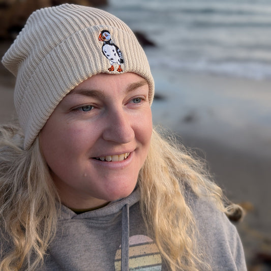 Cream Organic Cotton Puffin Beanie 