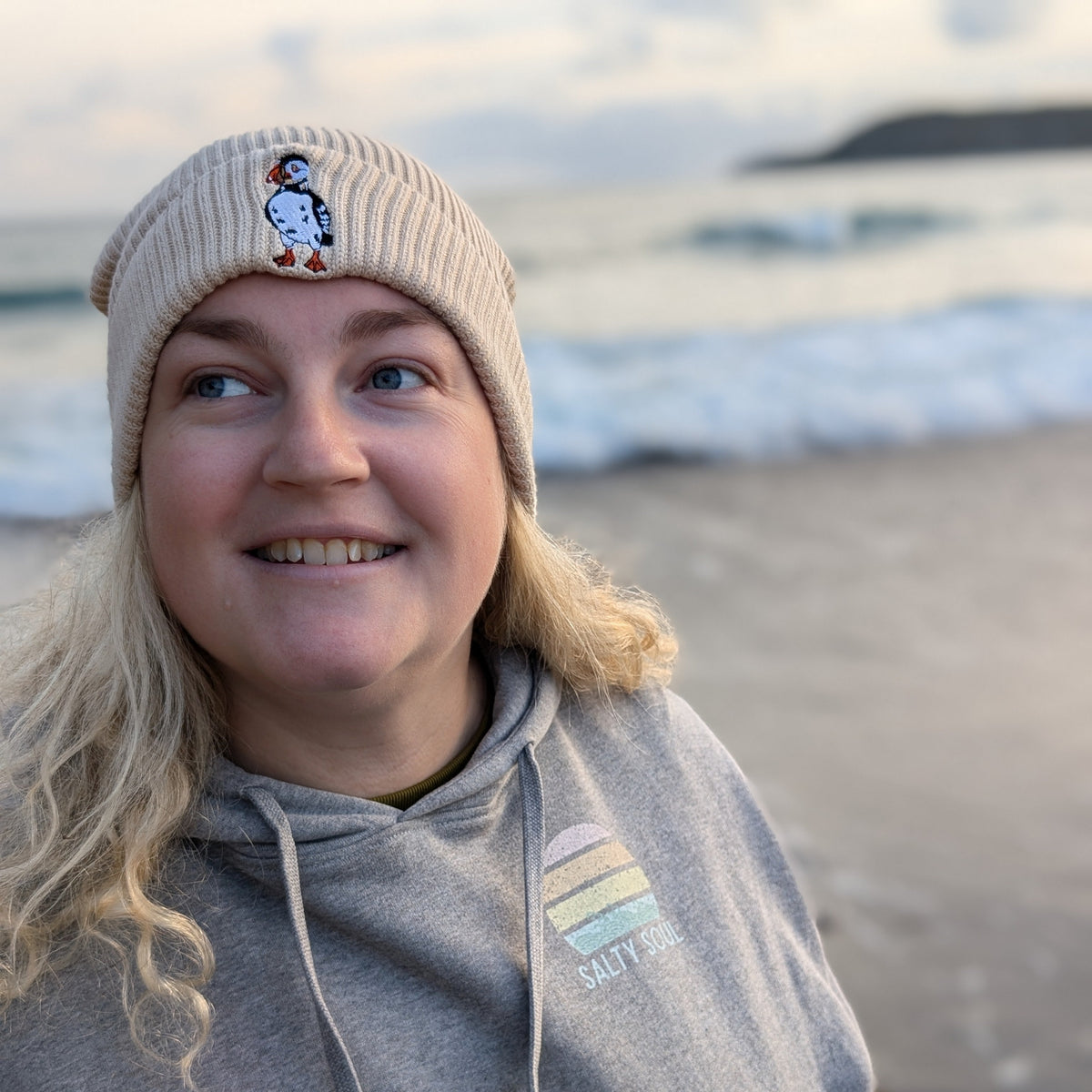 Sustainable Cream Winter Organic Cotton Puffin Beanie 
