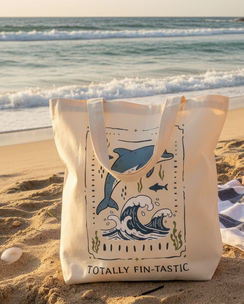 Dolphin Design Natural Printed Bag Front