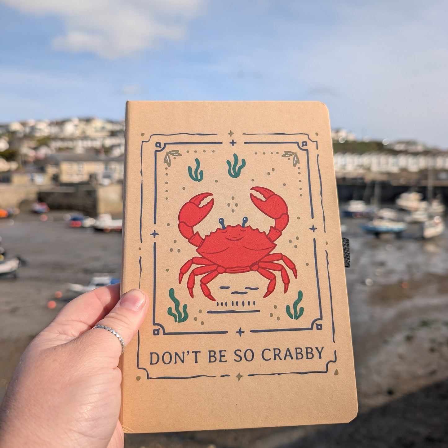 Notebook with a red crab illustration and 'don't be so crabby' text held by a hand against a coastal background.