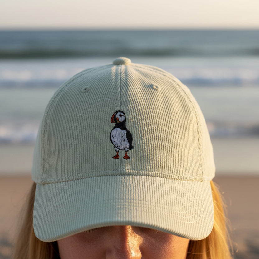 Organic cotton cream cord cap with a puffin embroidered on the front. 