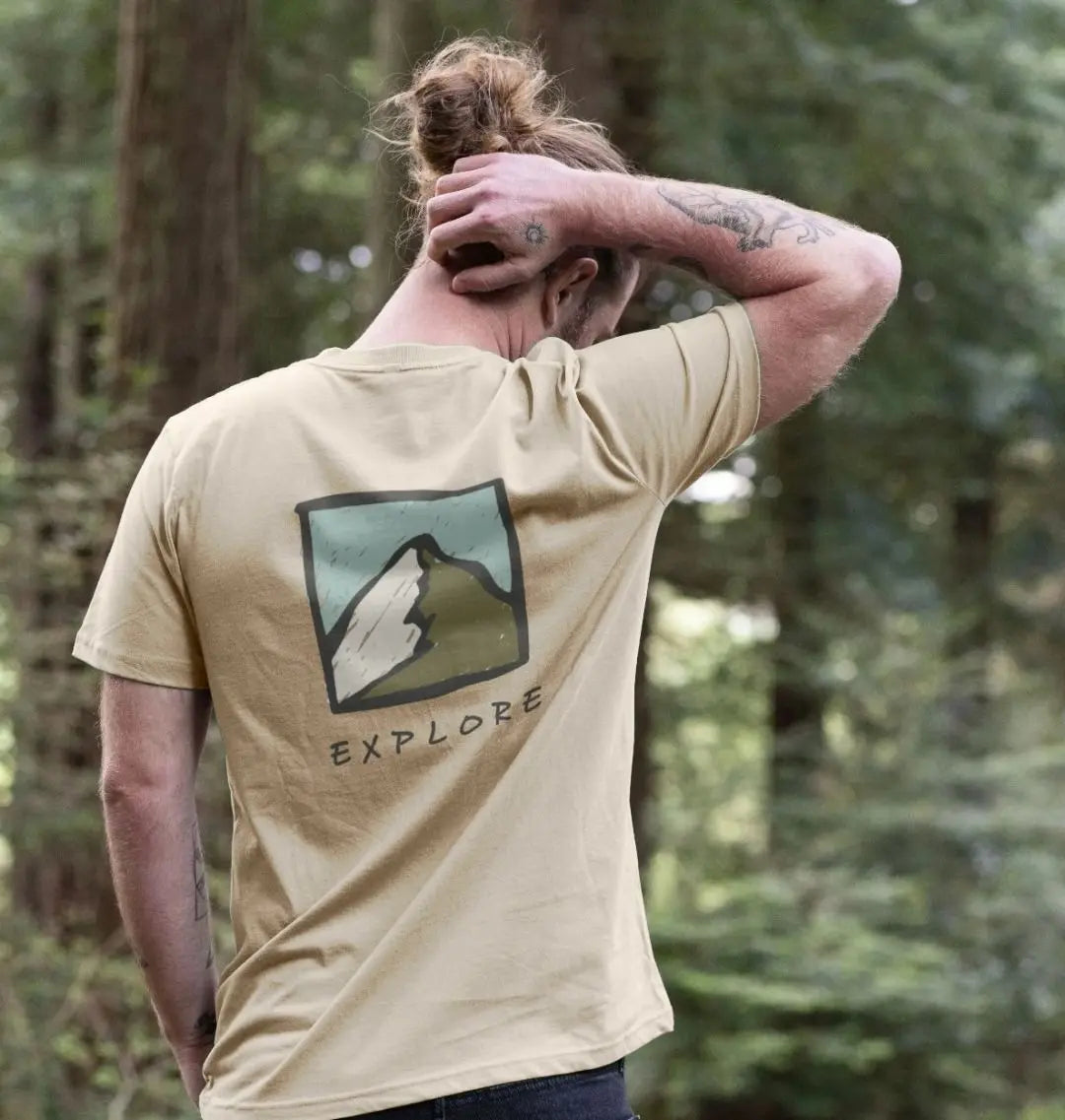 Explore men’s adventure t-shirt with mountain back motif