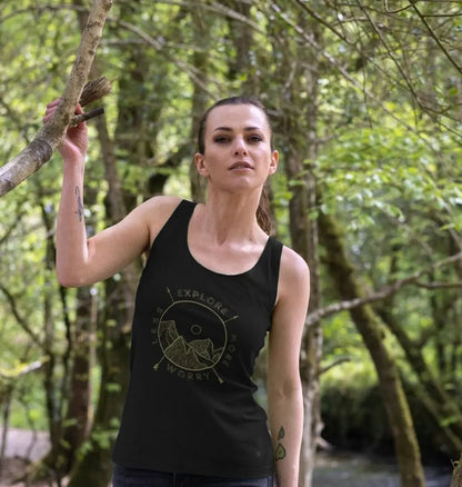 Explore More Worry Less Women's Adventure Vest Top Black featuring compass and mountains