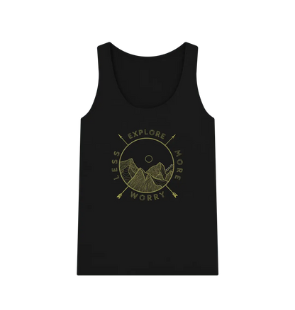 Explore More Worry Less Women's Adventure Vest Top Black Front with compass and mountain design