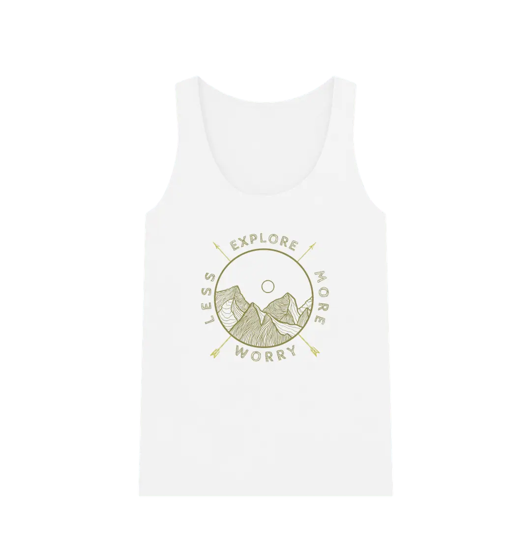 Explore More Worry Less Women's Adventure Vest Top White Front compass graphic