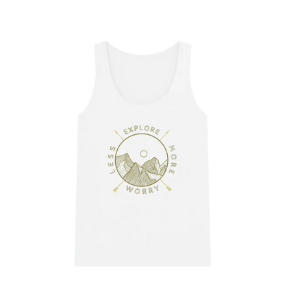 Explore More Worry Less Women's Adventure Vest Top White Front compass graphic