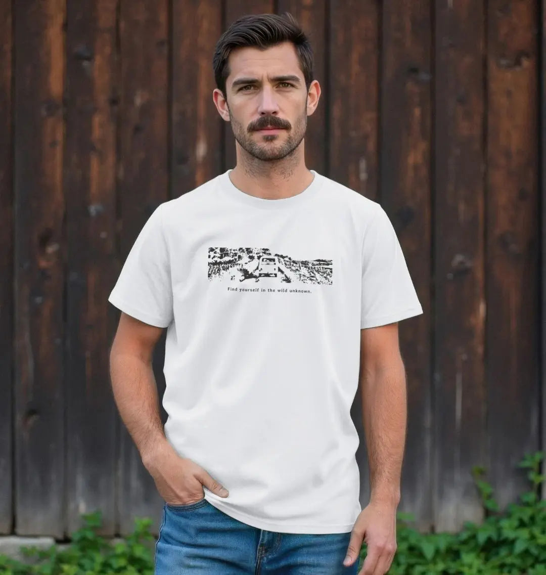 Find Yourself men’s adventure t-shirt with van life open road design