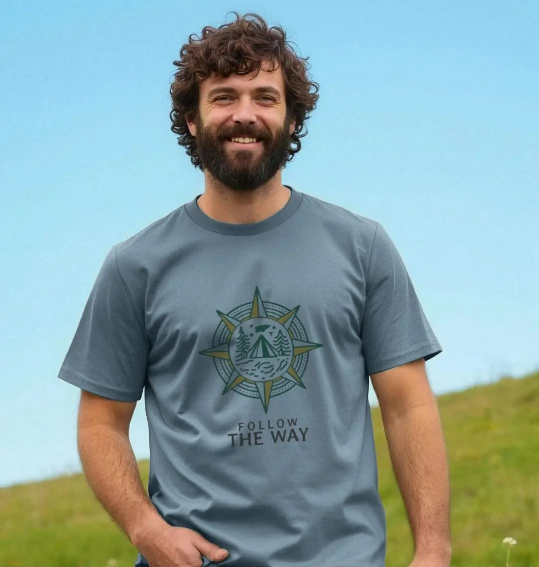 Stone Blue Follow The Way men’s adventure t-shirt with compass and forest design